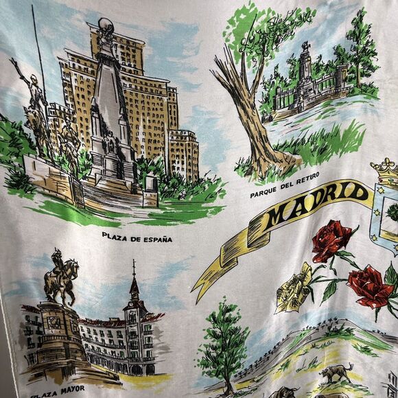 60s 70s Vintage Madrid Souvenir Scarf | Spain Travel Print Tourist Landmarks - Picture 8 of 9